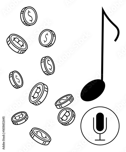 Falling cryptocurrency coins, large music note, and circular microphone icon. Ideal for music streaming, NFTs, digital economy, blockchain, payments, audio content simple landing page