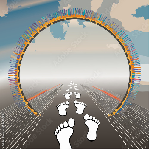  footprints meeting tire tracks in scalloped perforated soft slate circle for playfulness vs pragmatism