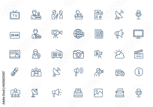 Linear style line icons set for mass media and journalism: TV program, news report, interview, video, show, infographic, outline icons, broadcasting, media coverage, press, and more.