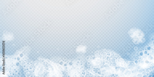 This vector template shows a bath foam with shampoo bubbles isolated on a transparent background. It can be used for advertising purposes. Mousse bath foam.