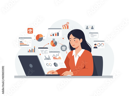 Flat vector illustration woman analyzing data dashboard using business analytics
