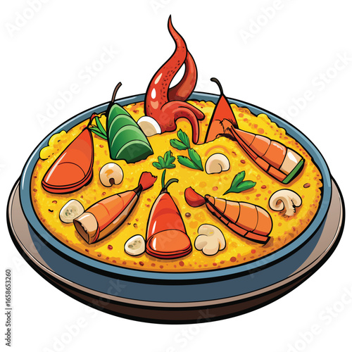 Paella with shrimp. squid. and vegetables in a pan