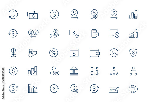 Linear cash flow icons: finance symbols for money turnover, cash inflow and outflow, currency movement, financial transactions, payment, accounting, banking, investment, economy and more.