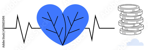 Blue heart with vein pattern on heartbeat line next to stacked coins. Ideal for healthcare, finance, investment, insurance, wellness, cardiology, and savings concepts. Simple flat metaphor
