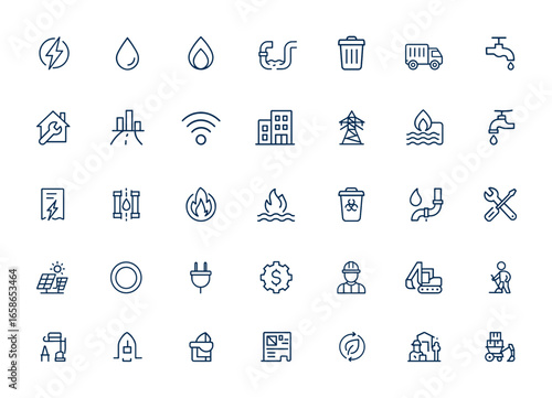 Linear style outline icons set for public utilities and services: electricity, water supply, gas, drainage, garbage removal, heating, hot and cold water, major repairs, infrastructure, urban services