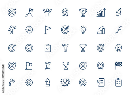 Success mission icon pack: goal, target, winner, achievement, linear outline symbols, conceptual vector pictograms for motivation, business, performance, strategy, victory, progress and more.