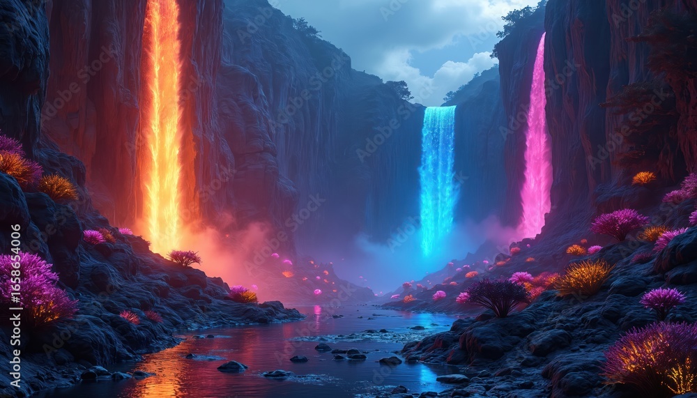 Fototapeta premium Alien canyon features neon waterfalls in orange, blue, pink. Glowing vegetation in vibrant purple, yellow dots landscape. Dark rocky terrain lines shimmering river reflecting otherworldly