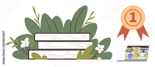 Books stacked among leaves, a first-place ribbon, and a laptop with digital content. Ideal for education, achievement, distance learning, nature study, eco-friendly concepts, self-improvement simple