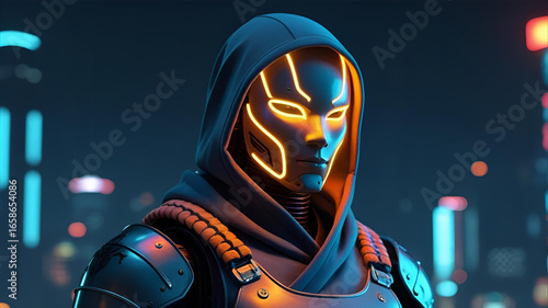 Neon Cyberpunk: A futuristic individual, masked in a luminous neon glow, is set against a cityscape backdrop, embodying the spirit of cyberpunk.