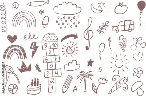 Daycare doodle icons set. Doodle kindergarten montessori toys for nursery, school - hopscotch. Vector illustration