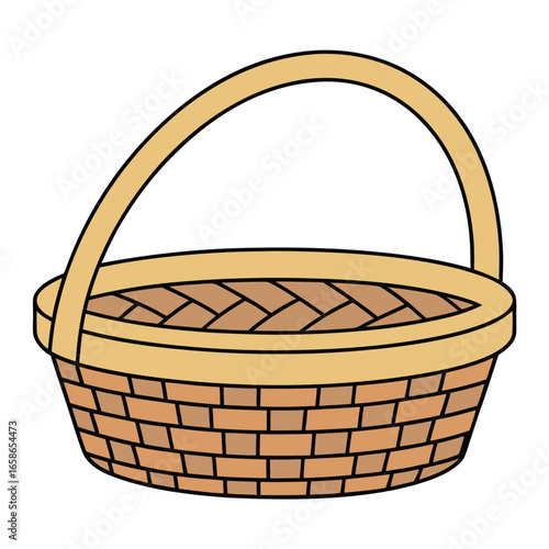 Simple cartoon woven basket with a curved handle and a tan rim wicker container