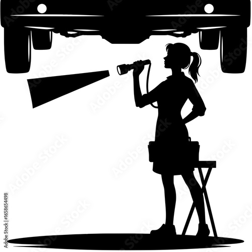 Silhouette woman inspecting car underside with flashlight