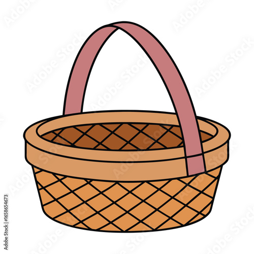 Woven basket with pink handle and brown interior on white background wicker container