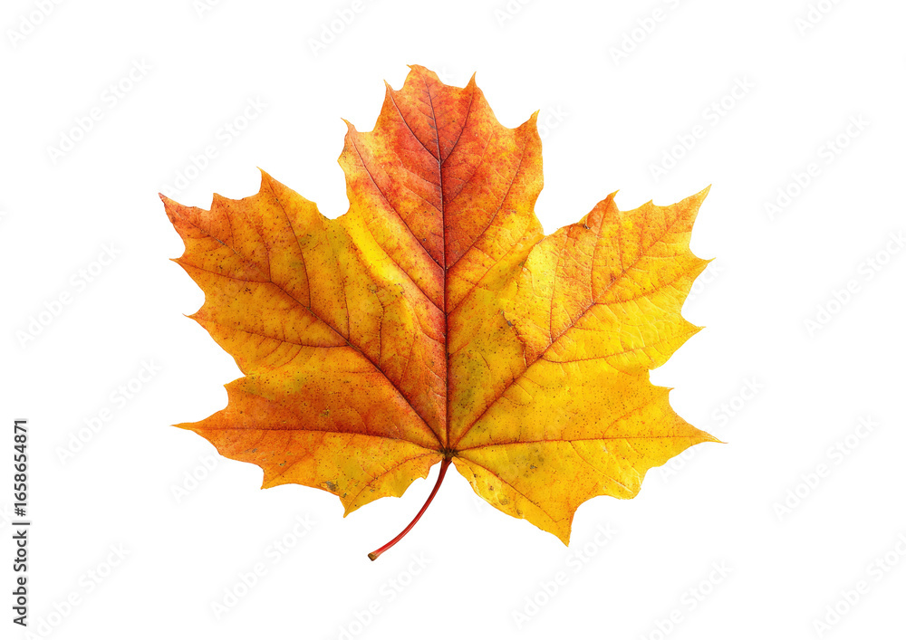 Fototapeta premium Close-up of a vibrant autumn maple leaf. Distinctly colored orange-yellow, with a detailed veined structure. Dark red stem. Isolated against a pure black background