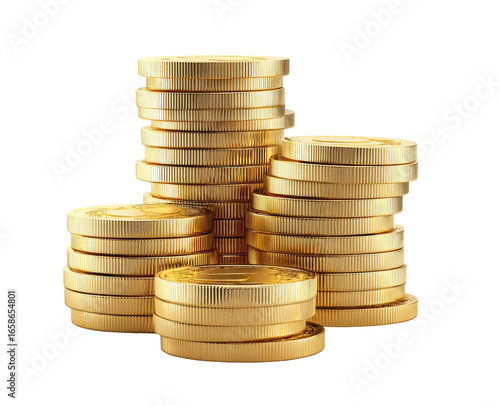 Gold coins stacked in various heights.  A pile of golden coins, tightly packed, forms a small, uneven pyramid.  Rich golden hue.  Detailed texture visible