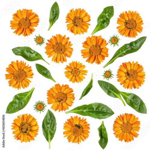 Vibrant Calendula Flowers and Green Leaves, Floral Pattern