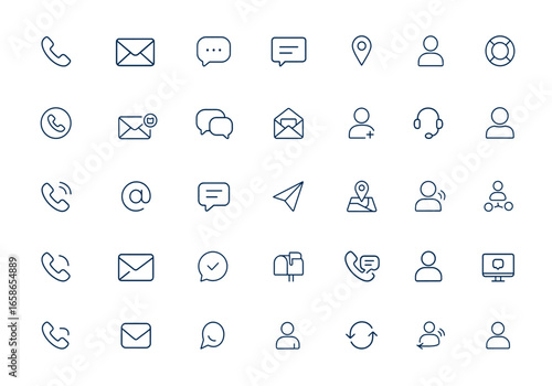 Linear outline icons set for contact: phone, email, chat, message, address, name, communication symbols, vector illustration, user interface, messaging, support, connection, network and more.