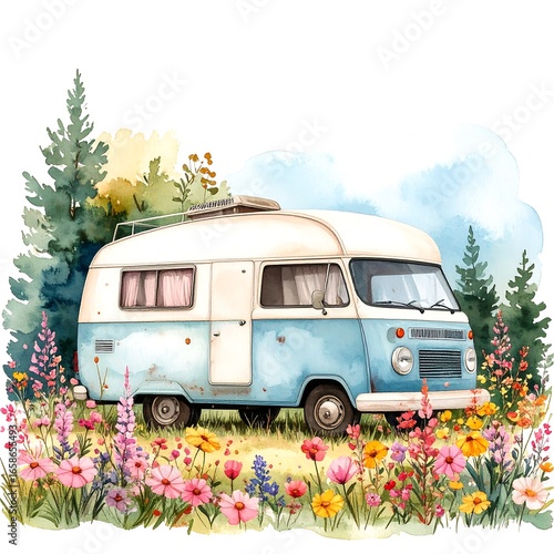 Vintage van in a floral meadow