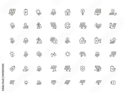 Solar battery and photovoltaic energy icons set, linear outline style. Renewable solar power conversion to electric current. Conceptual pictogram of clean, sustainable energy and more.