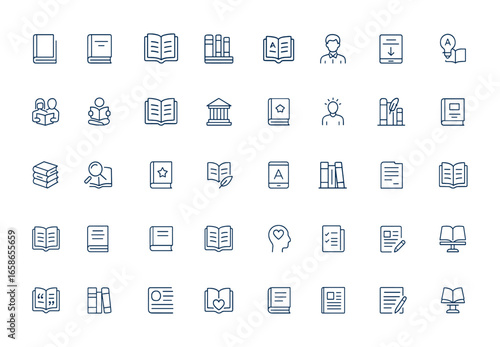 Linear style outline icons featuring editable stroke for books, reading, e-books, library, literature, writers, pictograms, infographics, digital publishing, education, knowledge and more.