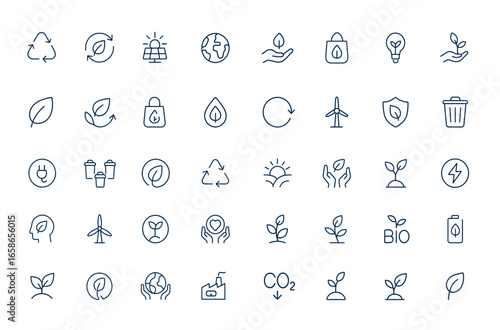 Eco-friendly recycling line icons set, green energy, reusable, earth care, recyclable energy symbols, outline linear vector pictograms for sustainable environment, nature protection and more.