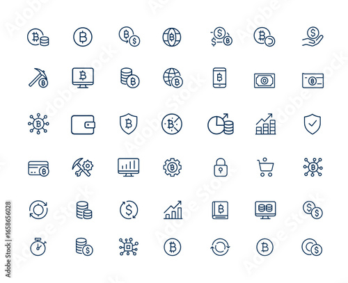 Virtual cryptocurrency line icons set: digital currency, bitcoin, blockchain, electronic cash, payment system, mining, crypto finance, decentralized money, digital wallet and more.