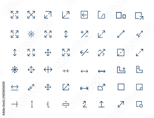 Scalable line icons set: maximize and minimize size, stretch, resize, scale up and down, increase, reduce, scalable vector outline pictogram for design and interface applications and more.