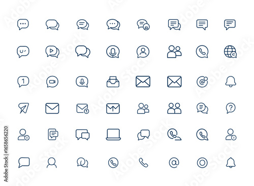 Linear outline message icons set featuring chat bubbles, conversation, dialogue, discussion, text, audio and video messages, social networking, internet communication, messaging symbols and more.