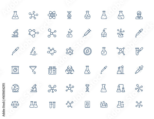 Linear style scientific icons set: laboratory, molecule, atom, chemical experiment, research, science, conceptual symbols, chemistry, biology, scientific analysis, lab tools outline pictograms.