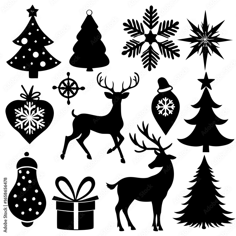 Fototapeta premium A set Of Christmas Elements, Vector Silhouette Art Elements For Christmas, Christmas silhouette icon set, Christmas silhouette icon set