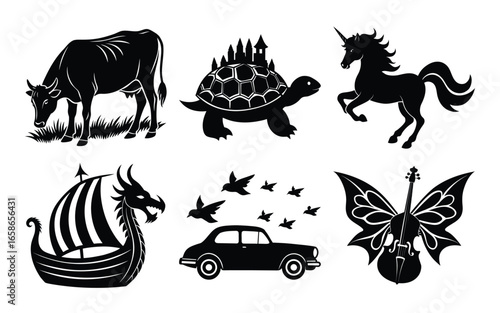 Collection of Fantasy and Real Animals and Objects Silhouette Illustrations