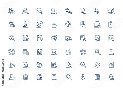 Linear outline inspection icon pack: supervision, examination, assessment, quality control, auditing, evaluation, monitoring, inspection process, review, compliance, vector icons, precision and more.