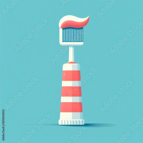 Whimsical illustration of a striped toothbrush with toothpaste on top against a blue background