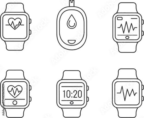 Vector art of smartwatch and glucometer icons for health monitoring wearable technology for fitness and healthcare tracking