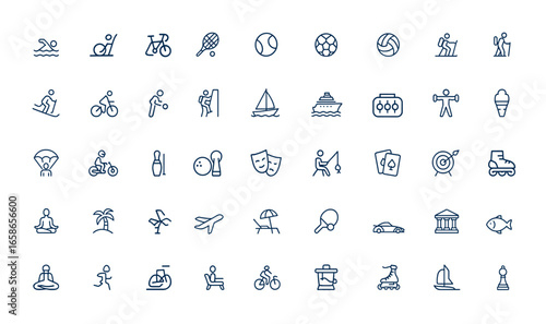 Linear style line icons featuring recreation, hobby, vacation, entertainment symbols. Editable stroke outline pictogram infographic for web and digital design, leisure, travel, fun, activity, pastime