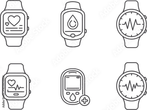 Vector art of smartwatch and glucometer icons for health monitoring wearable technology for fitness and healthcare tracking