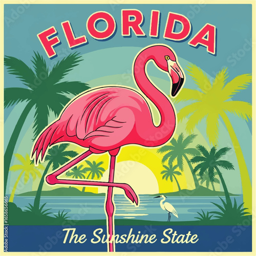 Vintage Florida Travel Poster with Pink Flamingo, Palm Trees, and Sunset