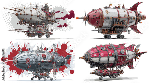 Futuristic steampunk rocket airships with brass rivets, gears, and red metallic armor. Creative retro sci-fi aviation concept art with industrial design elements.