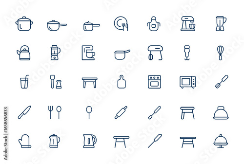 Linear style outline icons set featuring kitchenware, cookware, cooking utensils, household appliances, cutlery, and food symbols. Conceptual infographic and pictogram design and more.