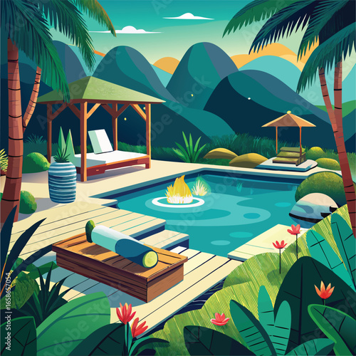 Tropical Poolside Setting with Relaxation Area