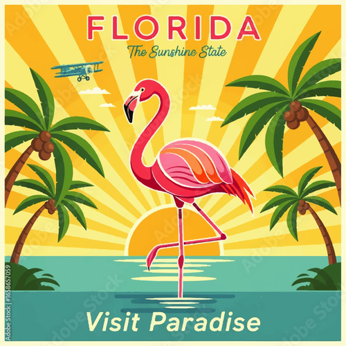 Florida Flamingo Visit Paradise Retro Travel Poster