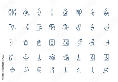 Public toilet outline icon pack. Linear style vector pictograms featuring restroom, disabled access, women’s, men’s, mother and child room, usage rules, hygiene, sanitary facilities and more.