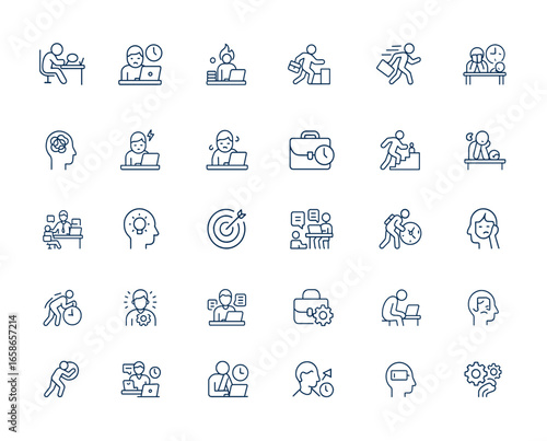 Workaholic and workaholism line icons set. Burnout, tired, overworked, busy, rushed concept. Outline vector pictograms series with linear style. Stress, fatigue, productivity, burnout and more.