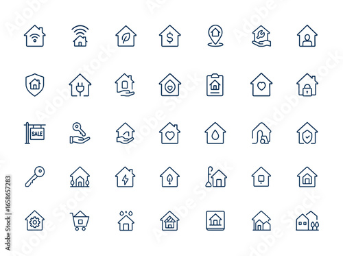 Linear style outline icons series featuring smart home, eco house, and housing concepts. Home infographic and conceptual pictogram for real estate, architecture, residence and more.