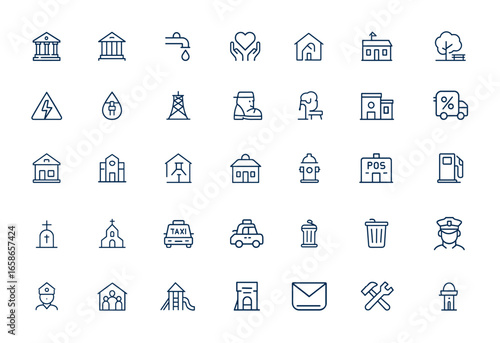 Public service icons set line art. Editable outline vector pictograms of government, court, community center, social service, education, transport, electricity, water supply, nursing home, park.