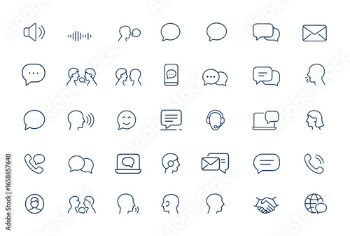 Linear outline icon set featuring speech and communication symbols: speaker, voice message, dialogue, conversation, bubble, discussion, letter, people talking, vector illustration and more.