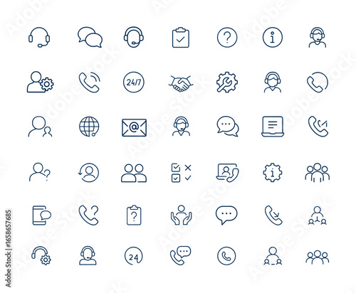 Support and customer service icons set in line style. Vector outline pictogram set featuring online help, assistance, operator, question, info, and communication symbols, modern design and more.