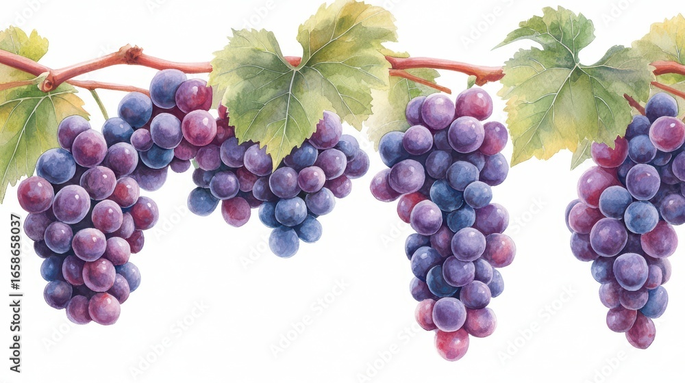 Obraz premium Vibrant Watercolor Grapes with Green Leaves on White Background