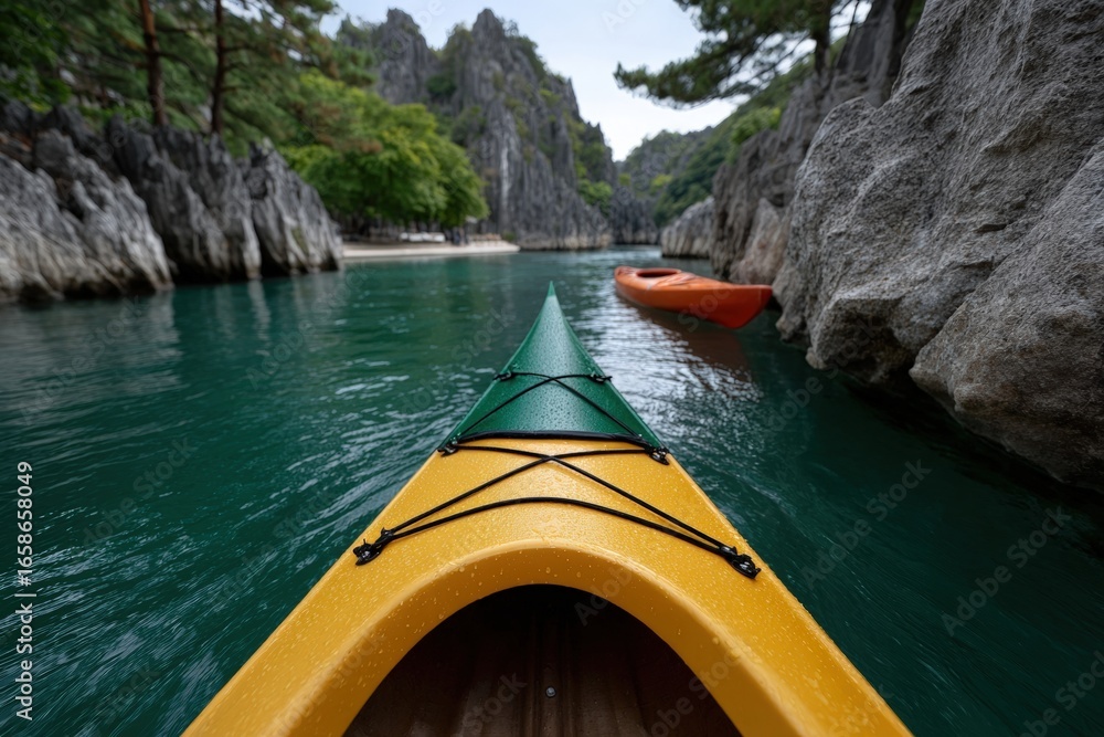 Fototapeta premium Group enjoys kayaking in a beautiful river canyon area
