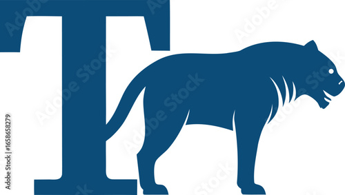 Navy blue letter T merges with a tiger silhouette creating a cohesive image